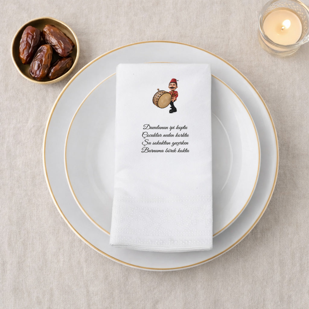 Kidzia Ramazan Davulcusu Baskılı Peçete – Mani Yazılı, 33x33 cm Çift Katlı, 20’li Paket