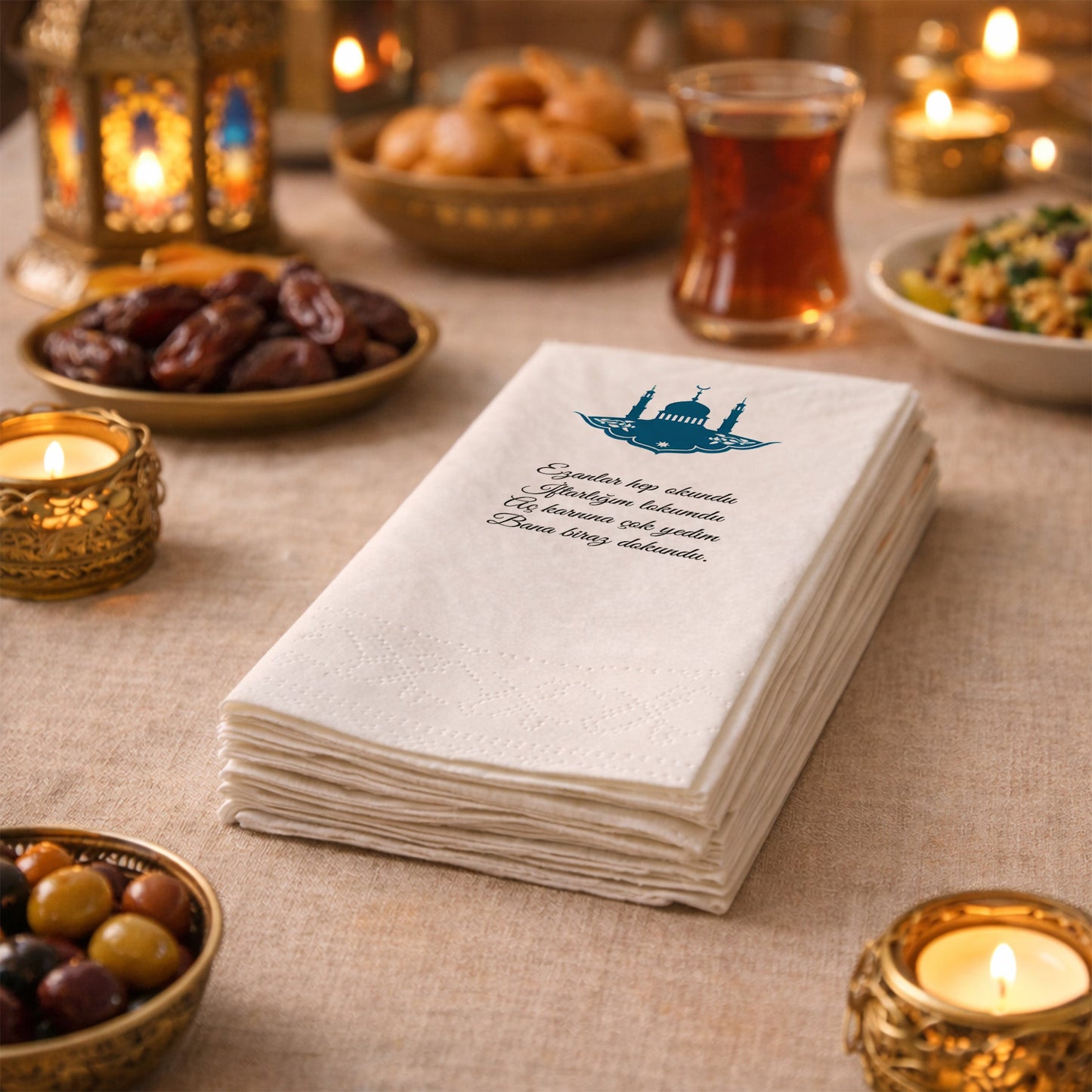 Kidzia Camii Silüeti Ramazan Peçetesi – Mani Yazılı, 33x33 cm Çift Katlı, 20’li Paket