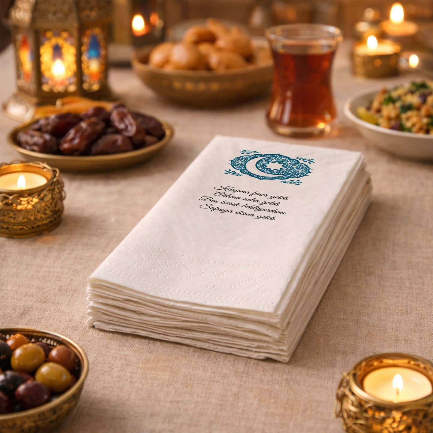 Kidzia Hilal & Camii Silüeti Mandala Ramazan Peçetesi – Mani Yazılı, 33x33 cm Çift Katlı, 20’li Paket