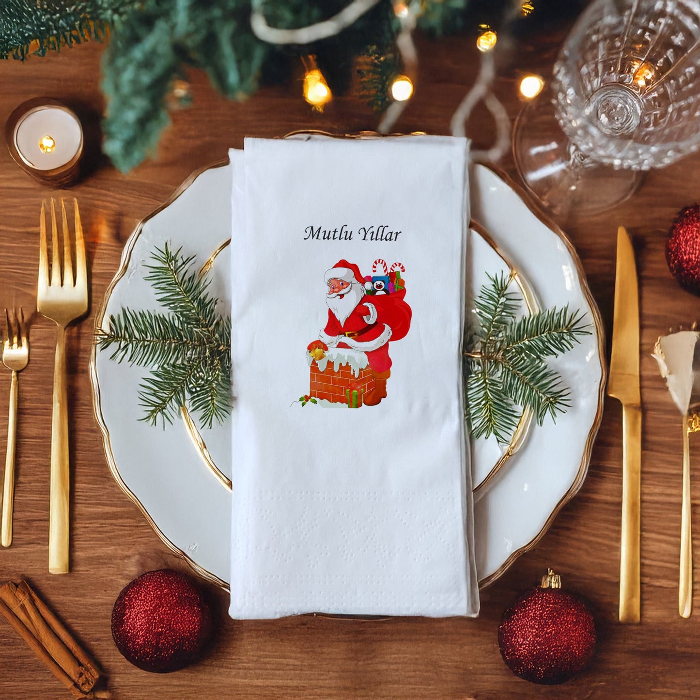 Mutlu Yıllar Noel Baba Bacadan Çıkıyor Desenli Yılbaşı Peçetesi – 20’li | 33x33cm Çift Katlı Selülozik | Kidzia 2026