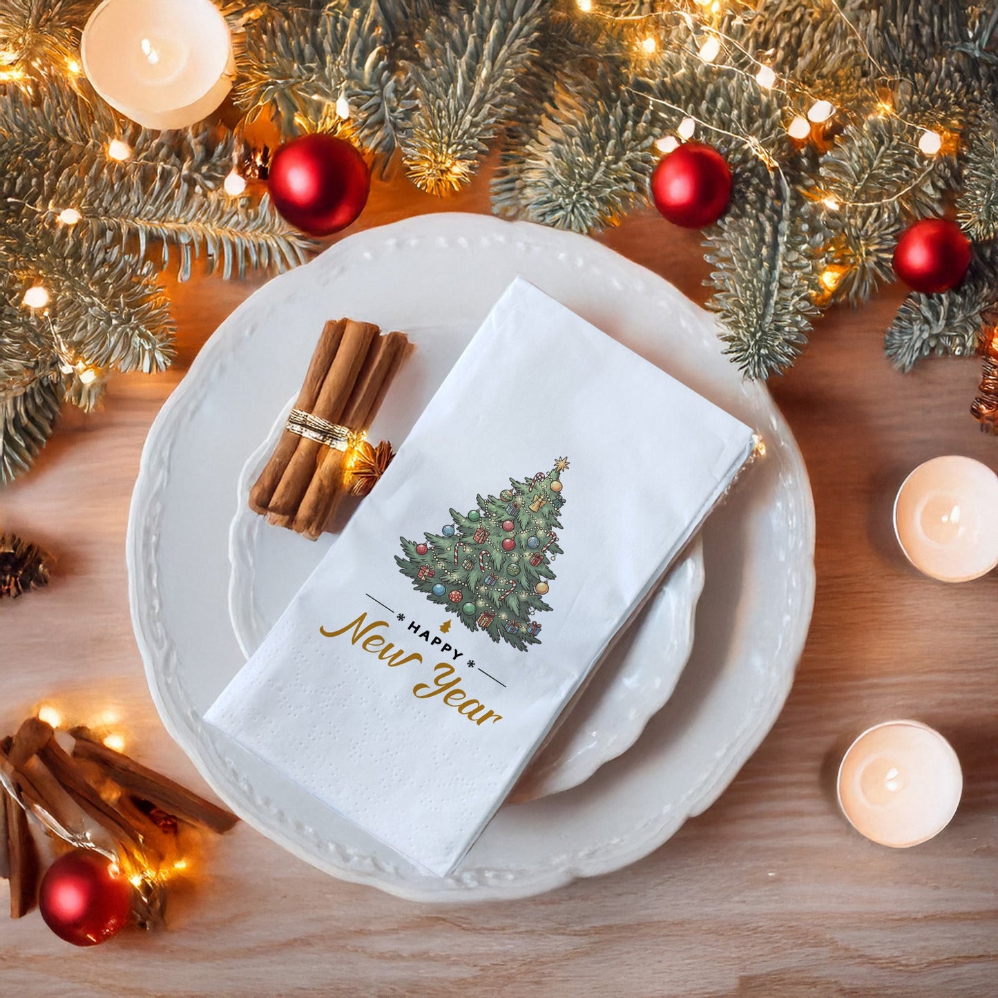 Happy New Year Baskılı Yılbaşı Peçetesi – Süslemeli Çam Ağacı Temalı Yeni Yıl Peçetesi | 33x33 cm, 20’li Paket
