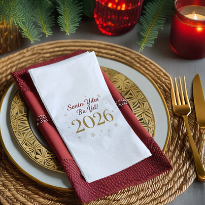 Senin Yılın Bu Yıl 2026 Temalı Yılbaşı Peçetesi – Altın Kar Tanesi Detaylı Yeni Yıl Mesajlı Peçete | 33x33 cm, 20’li Paket