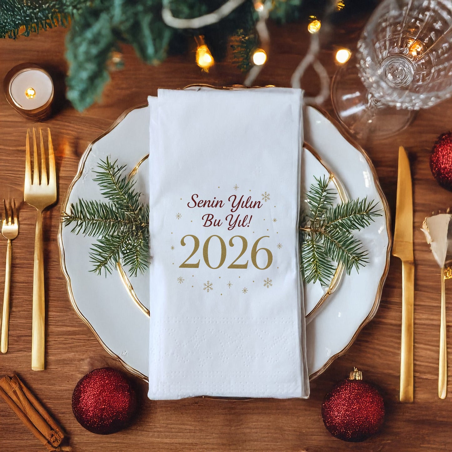 Senin Yılın Bu Yıl 2026 Temalı Yılbaşı Peçetesi – Altın Kar Tanesi Detaylı Yeni Yıl Mesajlı Peçete | 33x33 cm, 20’li Paket