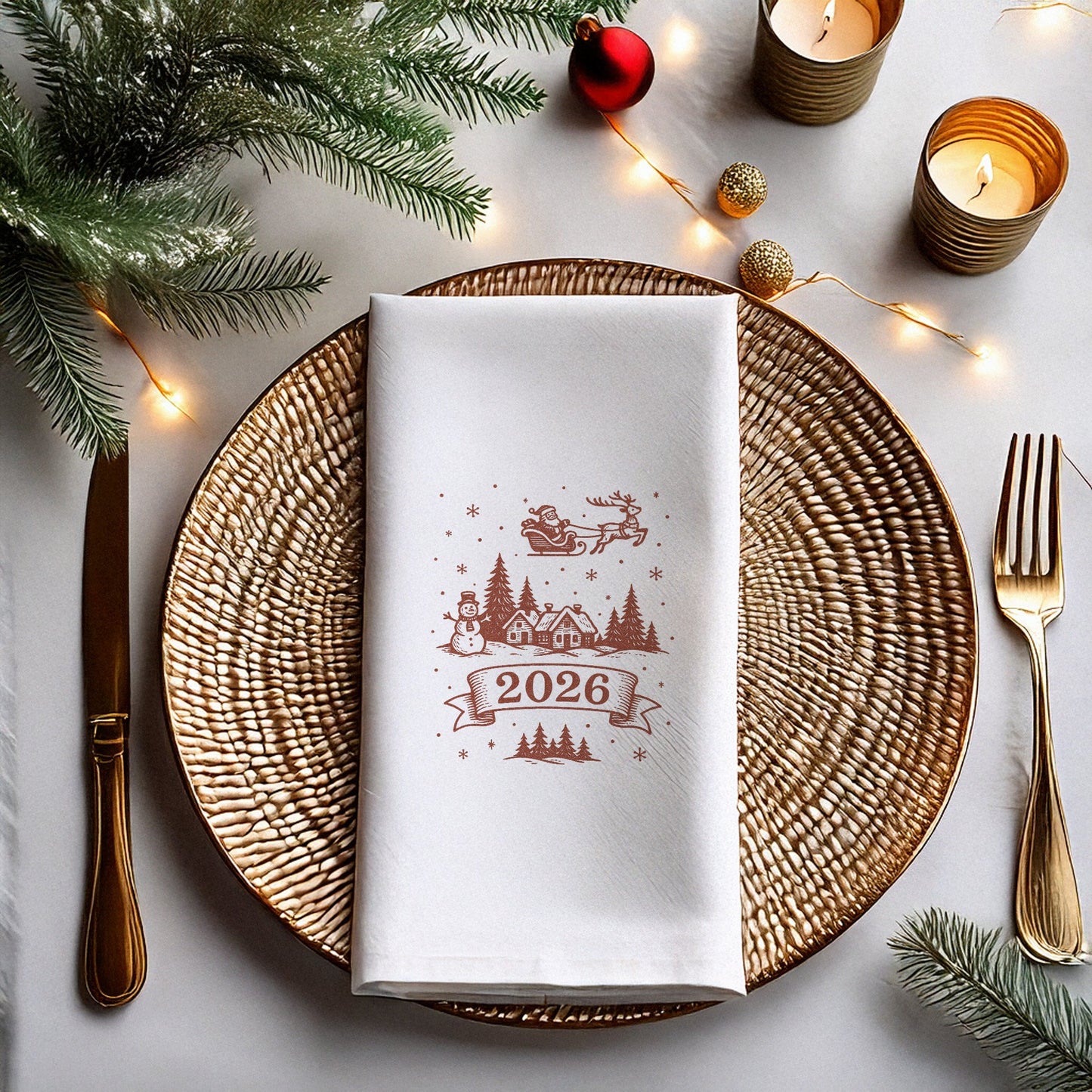 Vintage Çizim 2026 Yılbaşı Peçetesi – Santa, Ren Geyiği ve Kış Köyü Gravür Temalı Minimal Baskılı Peçete | 33x33 cm, 20’li Paket