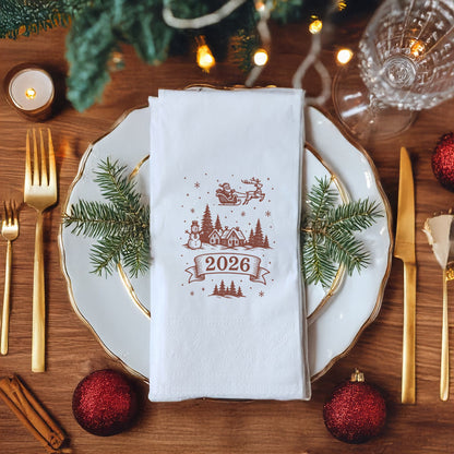 Vintage Çizim 2026 Yılbaşı Peçetesi – Santa, Ren Geyiği ve Kış Köyü Gravür Temalı Minimal Baskılı Peçete | 33x33 cm, 20’li Paket