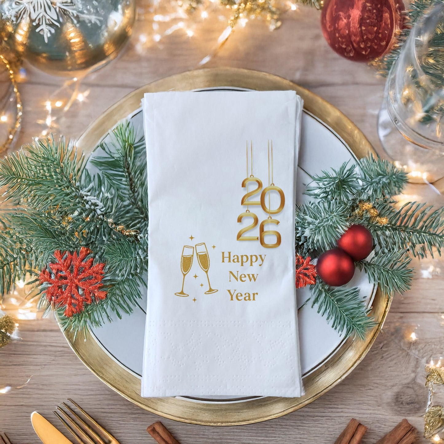 Gold 2026 & Champagne Happy New Year Baskılı Peçete – Lüks Yılbaşı Tasarımı | 33x33 cm, 20’li Paket