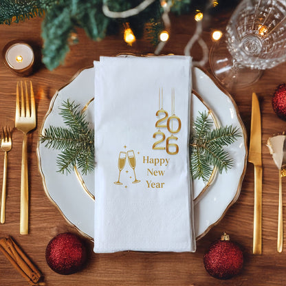 Gold 2026 & Champagne Happy New Year Baskılı Peçete – Lüks Yılbaşı Tasarımı | 33x33 cm, 20’li Paket