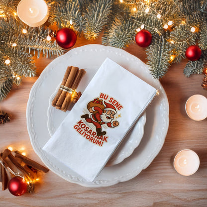 Koşan Santa “Bu Sene Koşarak Geliyorum!” Komik Yılbaşı Peçetesi – 33x33 cm, 20’li Paket