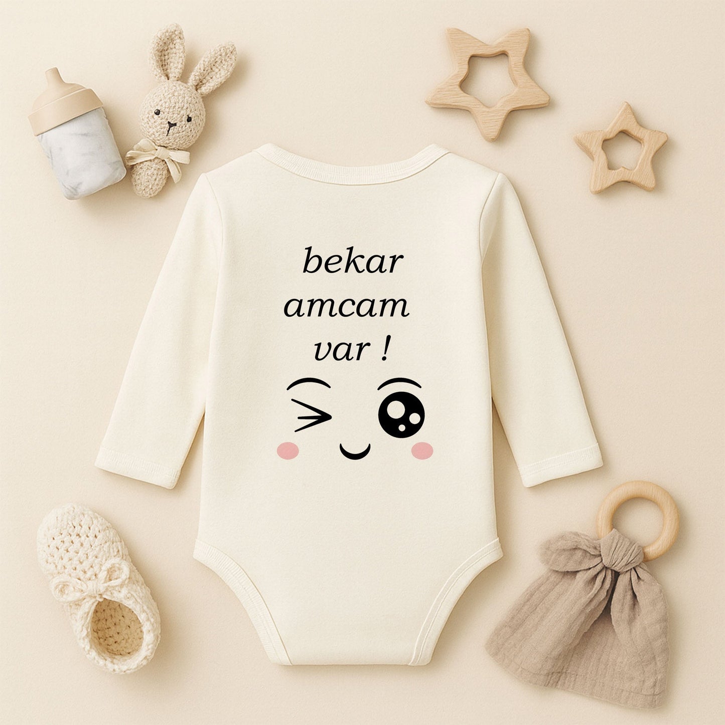 “Bekar Amcam Var” Baskılı Bebek Zıbını – 1–36 Ay | Eğlenceli Tasarım