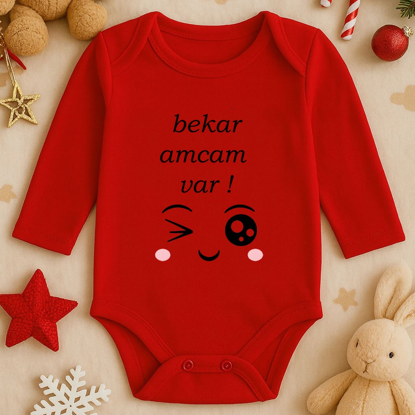 “Bekar Amcam Var” Baskılı Bebek Zıbını – 1–36 Ay | Eğlenceli Tasarım