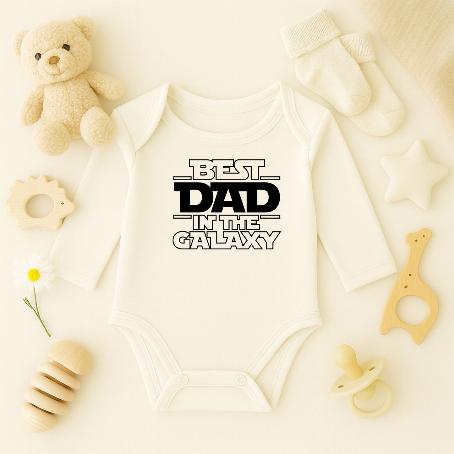 “Best Dad in the Galaxy” Yazılı Bebek Zıbını – 1–36 Ay | Baba Temalı DTF Baskı