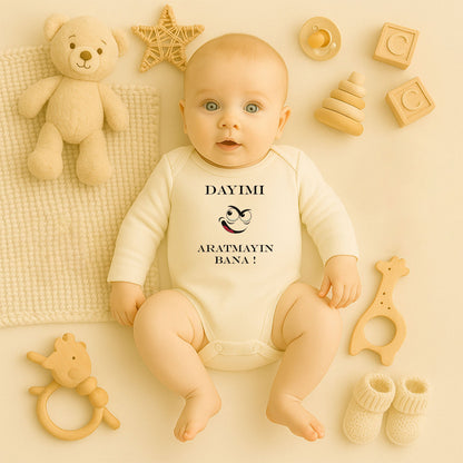 “Dayım Aratmayan Bana!” Yazılı Bebek Zıbını – 1–36 Ay | Eğlenceli Tasarım, DTF Baskı