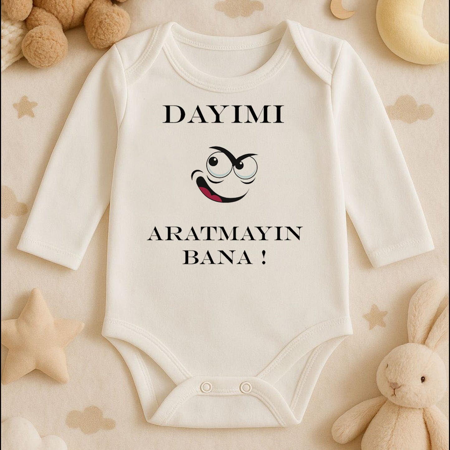 “Dayım Aratmayan Bana!” Yazılı Bebek Zıbını – 1–36 Ay | Eğlenceli Tasarım, DTF Baskı