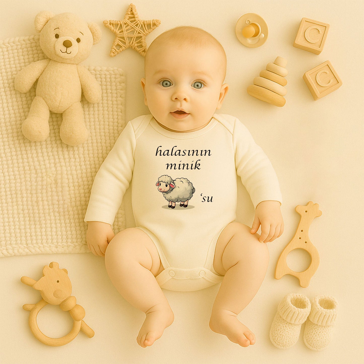 “Halasının Minik Süsü” Yazılı Kuzu Baskılı Bebek Zıbını – 1–36 Ay | Sevimli Tasarım