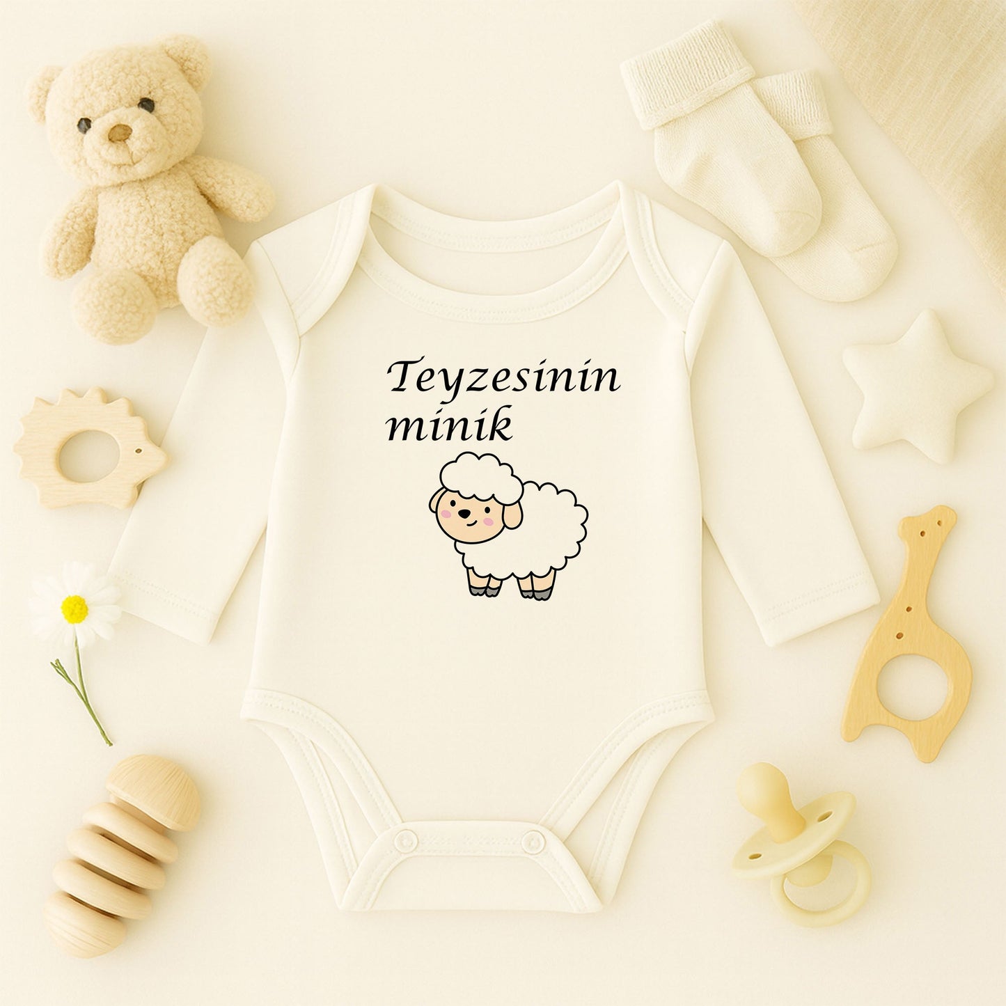 Beyaz Kuzu Tasarımlı Bebek Zıbını | 1–36 Ay, DTF Baskı, Hassas Cilt Uyumlu, Unisex