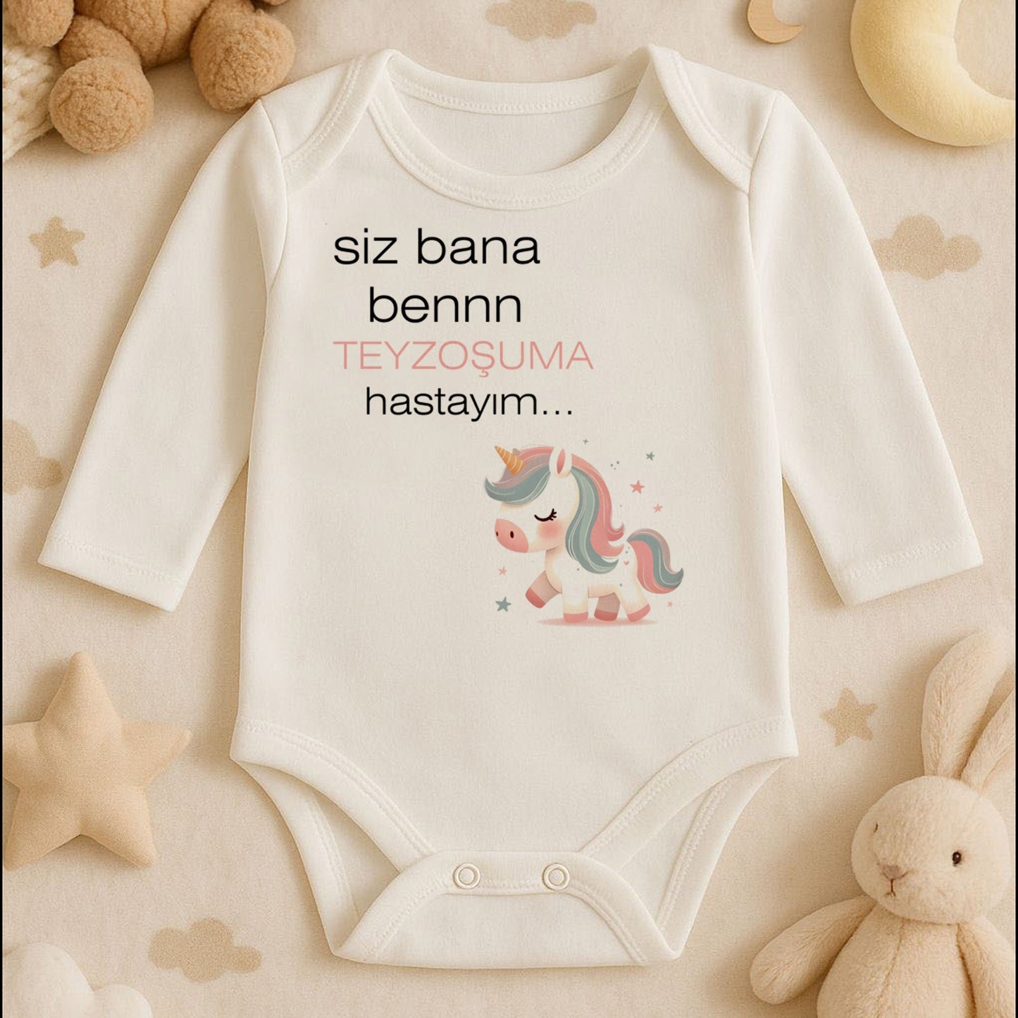 “Teyzoşuma” Unicorn Tasarımlı Bebek Zıbını | 1–36 Ay, DTF Baskı, Hassas Cilt Uyumlu
