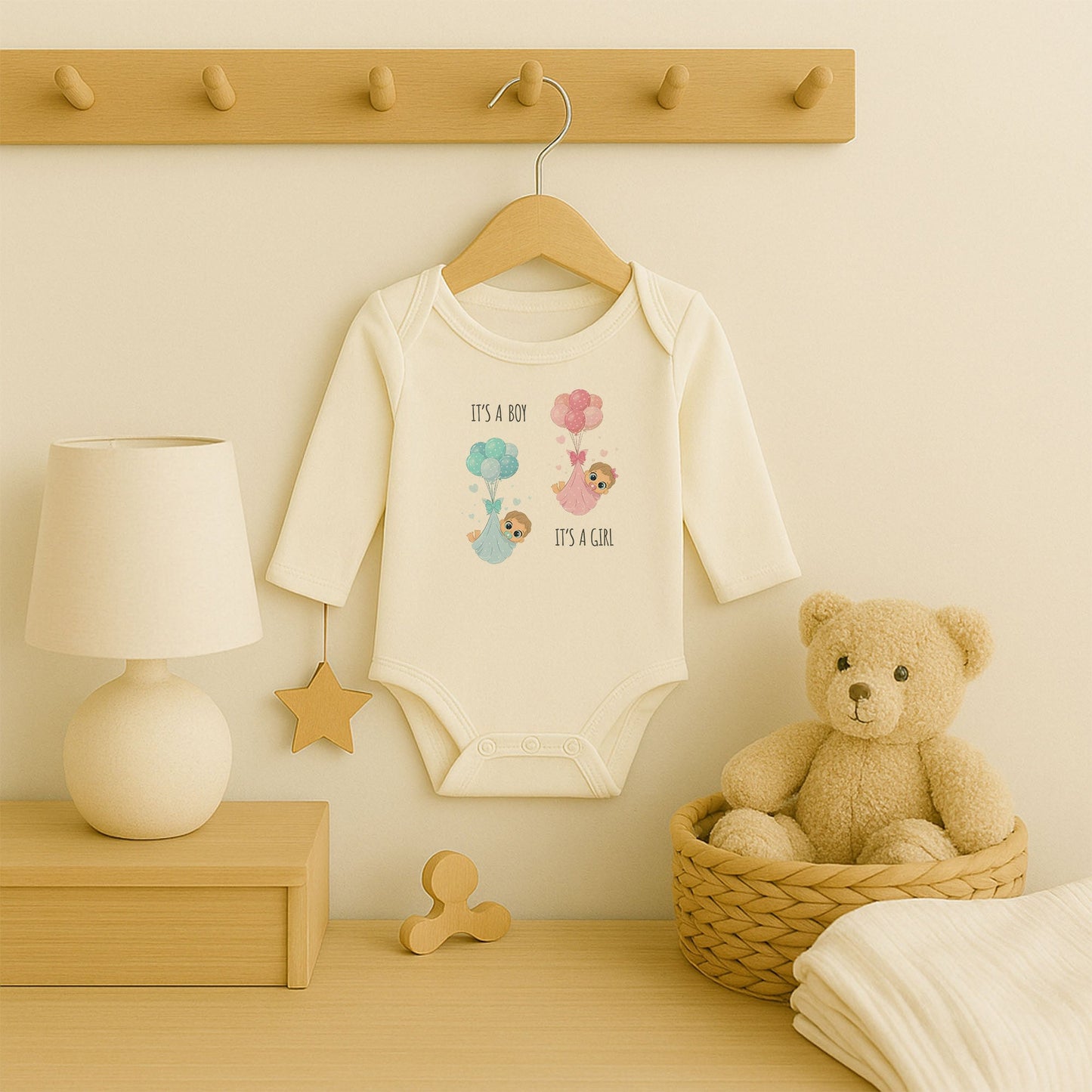 It’s a Boy / It’s a Girl Tasarımlı Bebek Zıbını | 1–36 Ay, DTF Baskı, Hassas Cilt Uyumlu