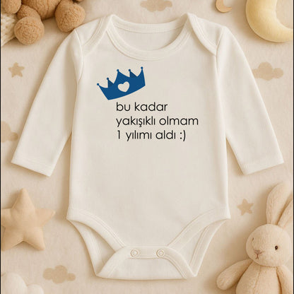 Mavi Kalpli Taç Baskılı Bebek Zıbını | 1–36 Ay, DTF Baskı, Prens Temalı