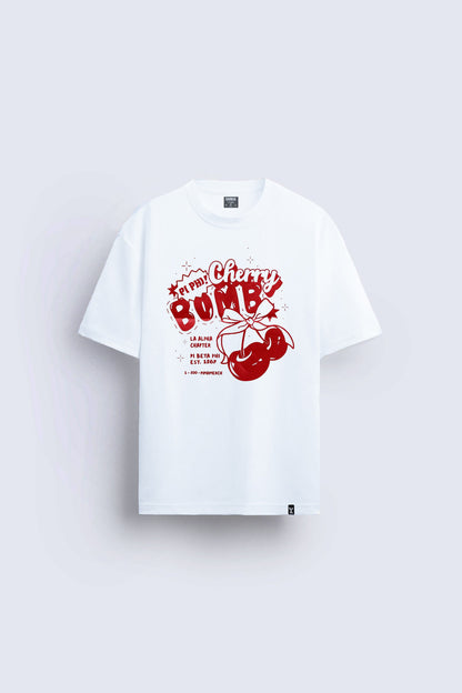 cherry baskılı oversize beyaz tişört